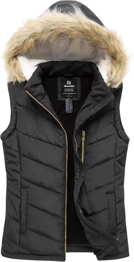 wantdo Women's Thicken Winter Vest Warm Puffer Vest with Removable Fur Hood