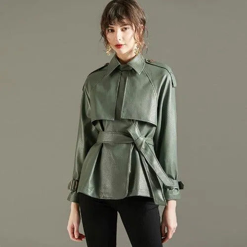 Wenkouban-Winter outfits Christmas Waist Belt Lapel Faux Leather Jacket
