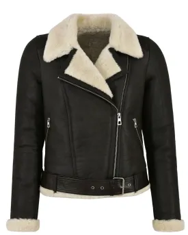 Women Bomber Black Leather Jacket Faux Fur Shearling By TJS