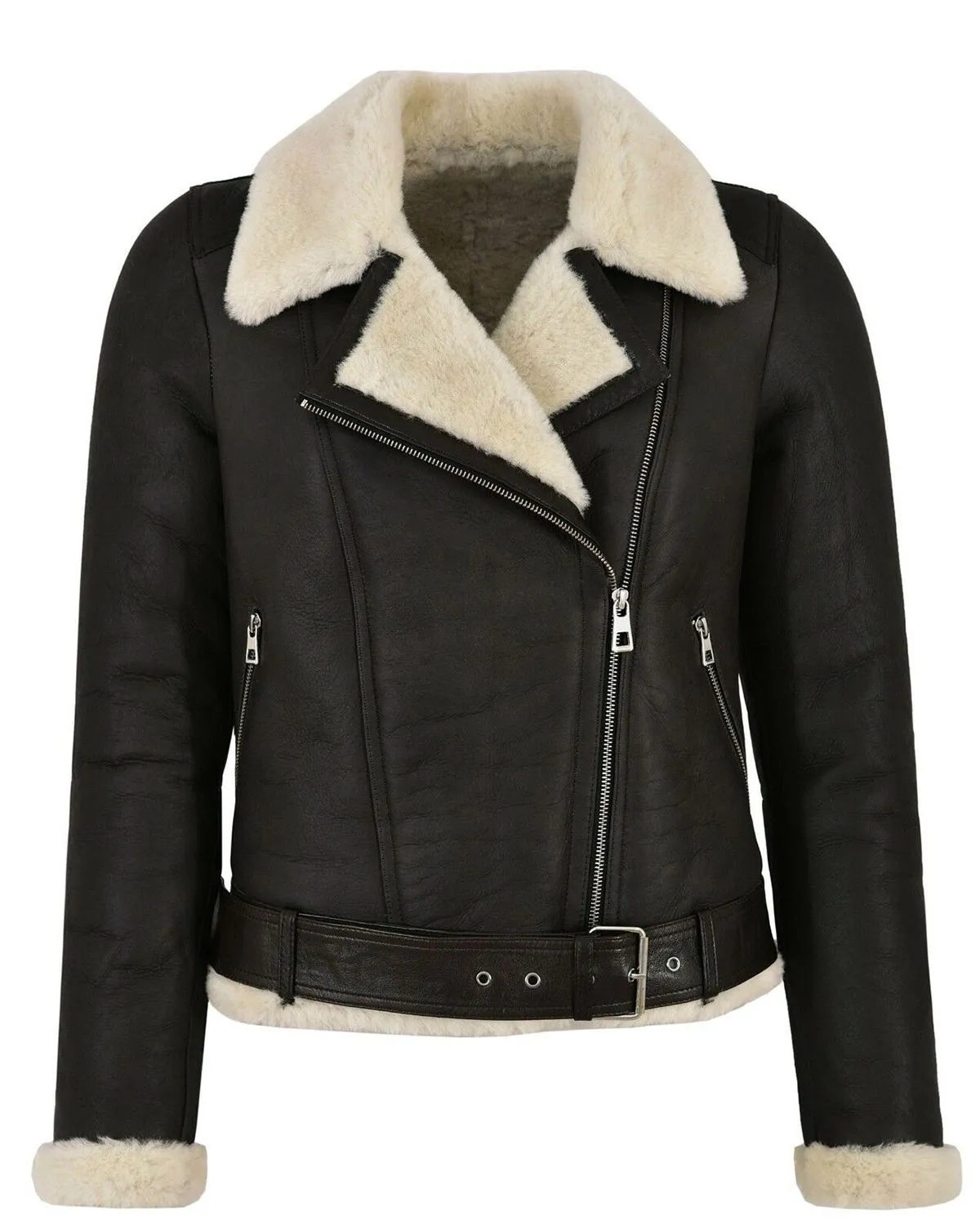 Women Bomber Black Leather Jacket Faux Fur Shearling By TJS