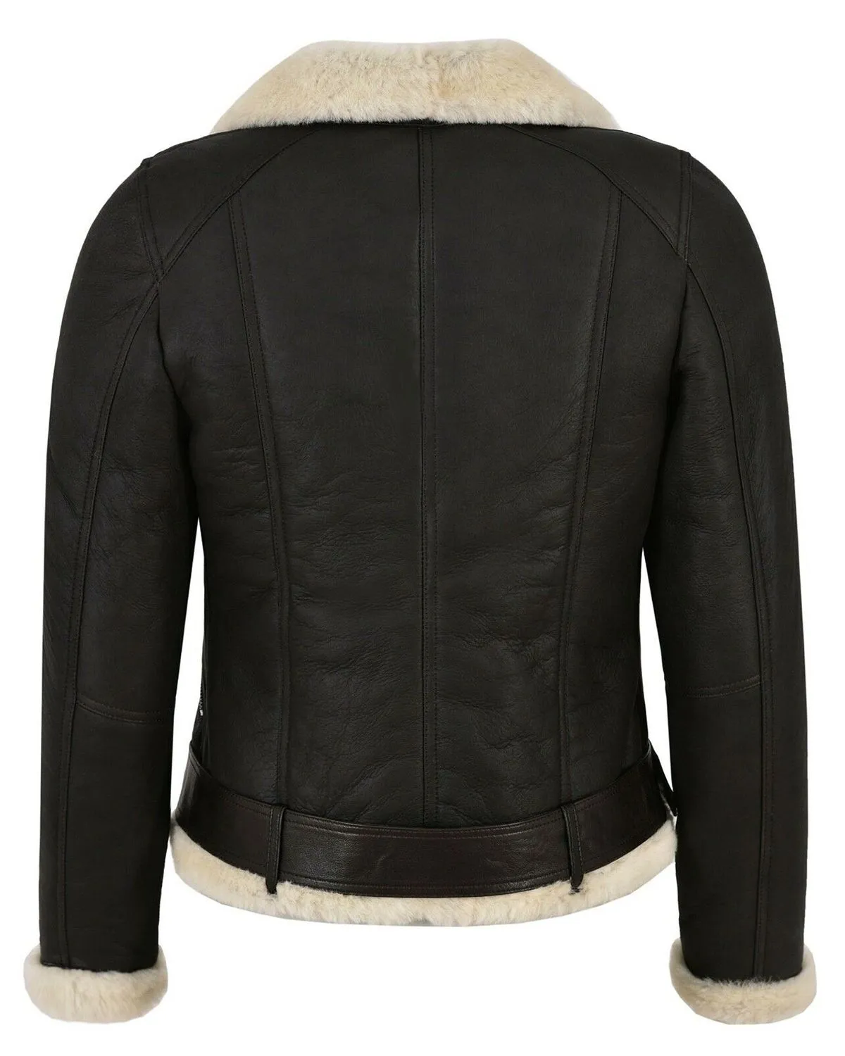 Women Bomber Black Leather Jacket Faux Fur Shearling By TJS