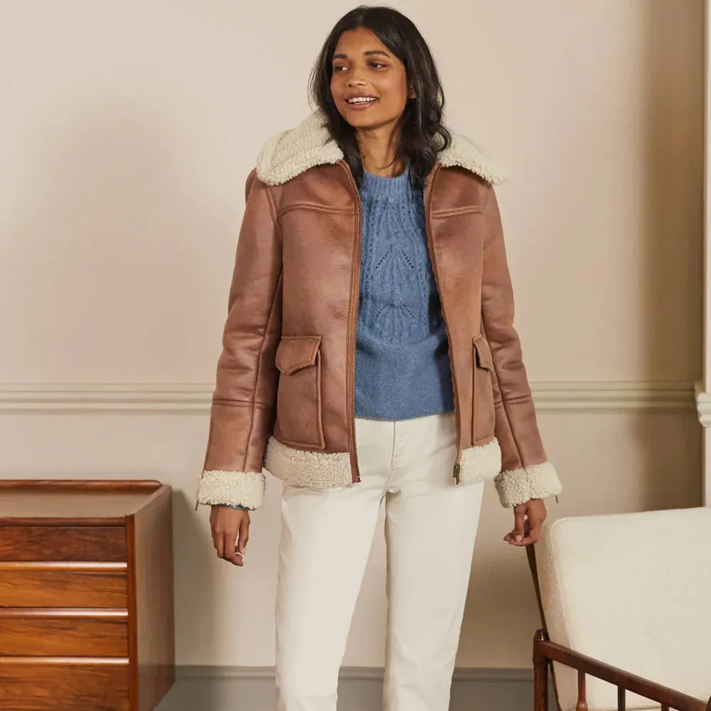 Women Brown Sheepskin Faux Shearling Leather Aviator Jacket