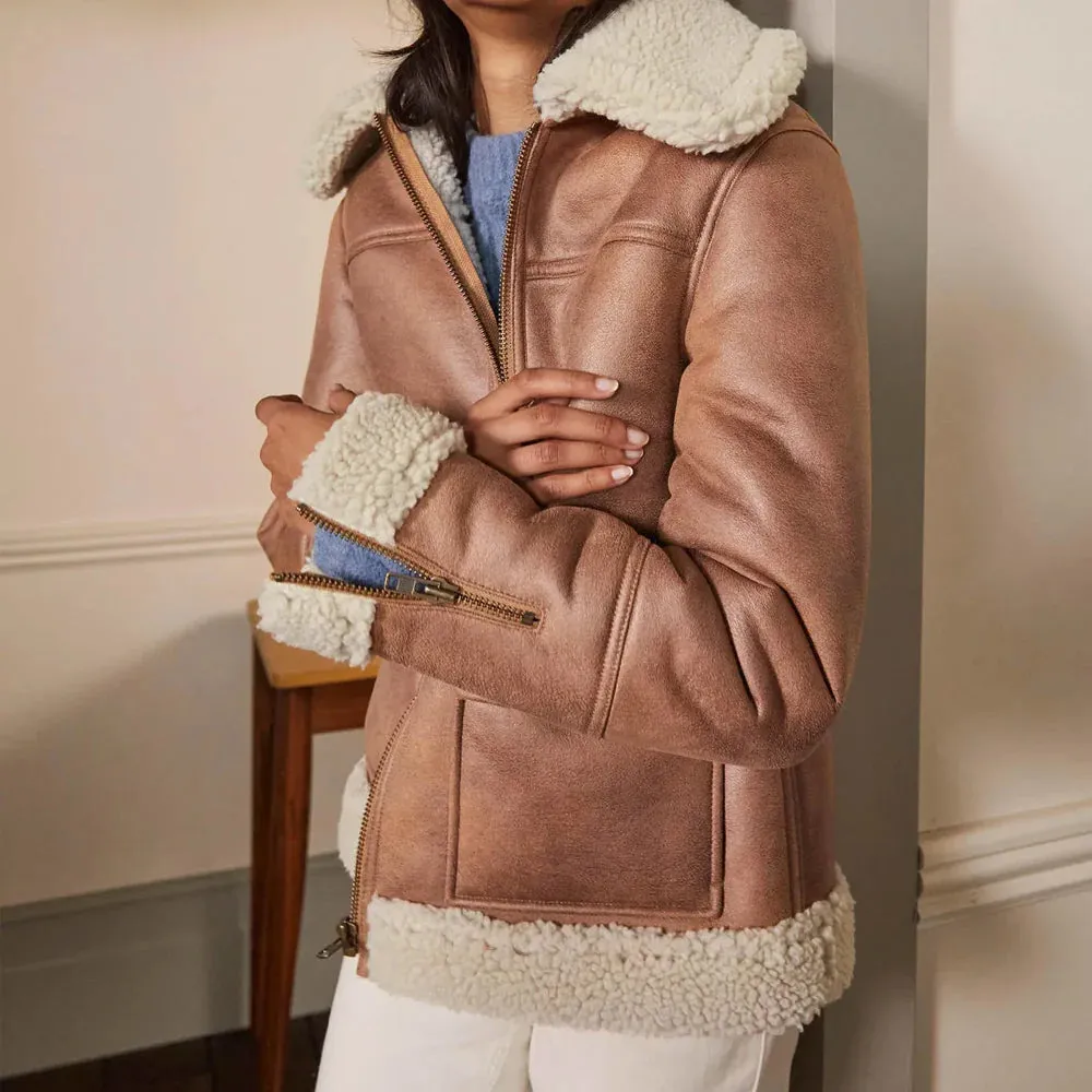 Women Brown Sheepskin Faux Shearling Leather Aviator Jacket