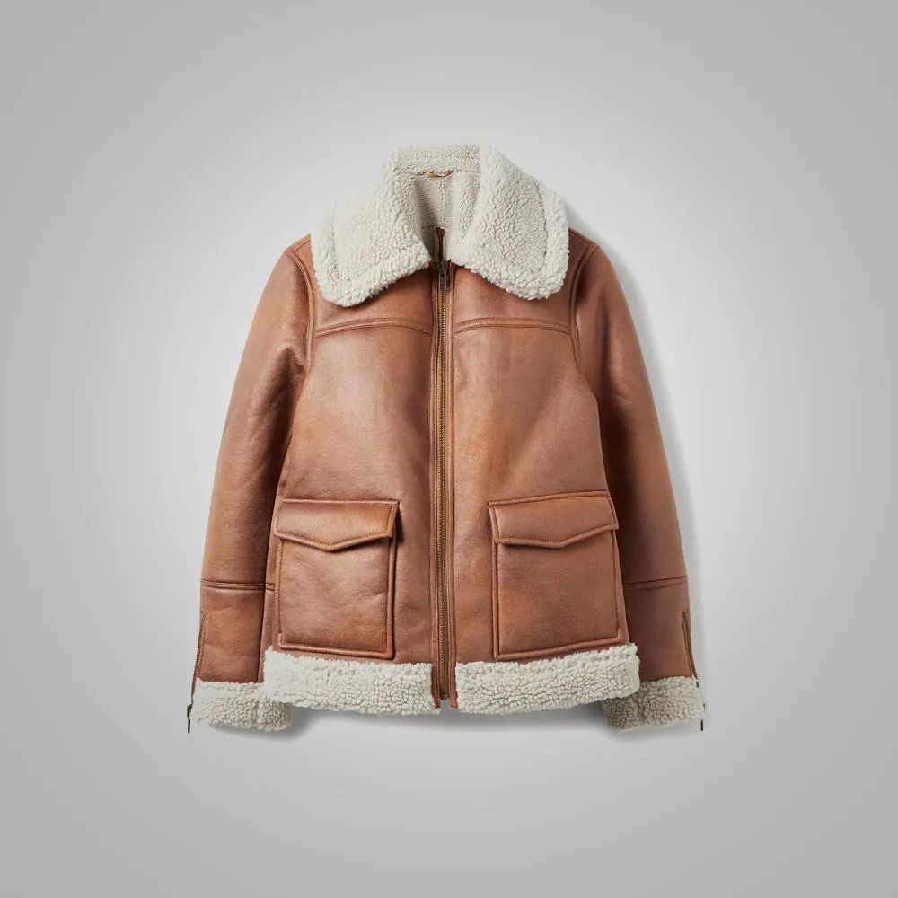 Women Brown Sheepskin Faux Shearling Leather Aviator Jacket