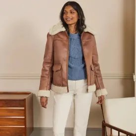 Women Brown Sheepskin Faux Shearling Leather Aviator Jacket