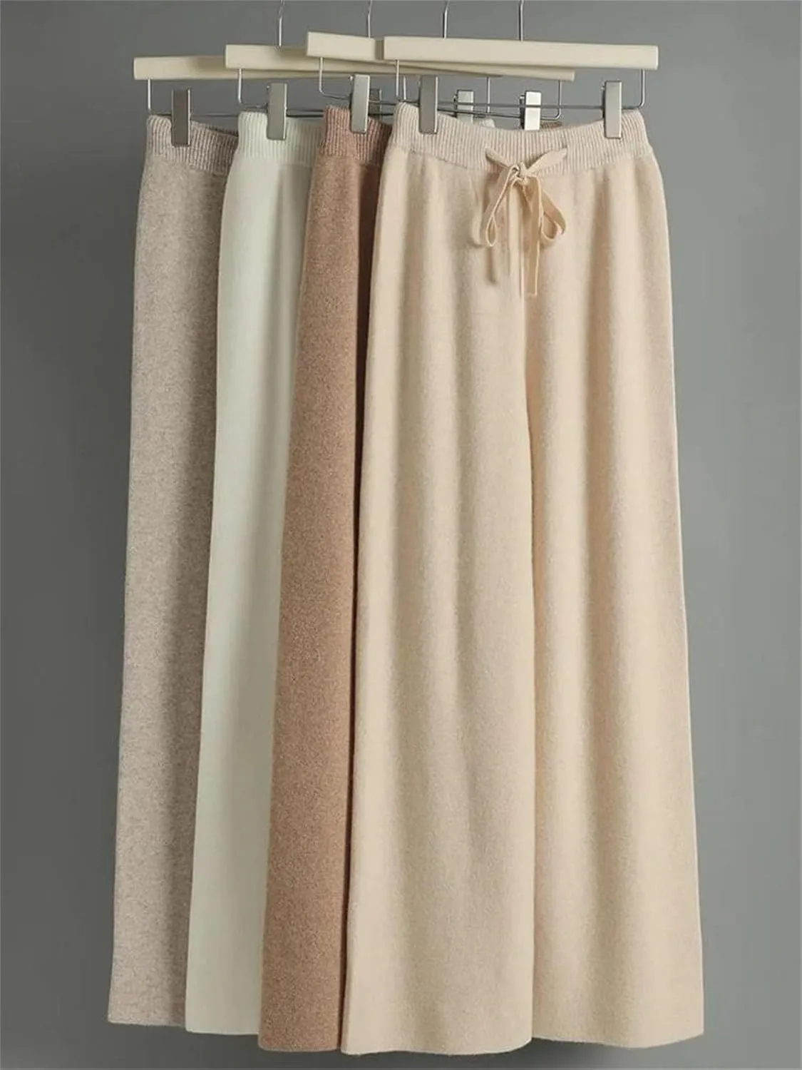 Women High Waist Solid Wide-Leg Long Pants Vintage Wool Soft Warm Lace Up Trousers