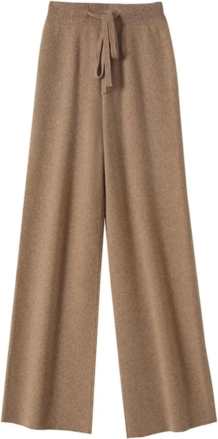 Women High Waist Solid Wide-Leg Long Pants Vintage Wool Soft Warm Lace Up Trousers