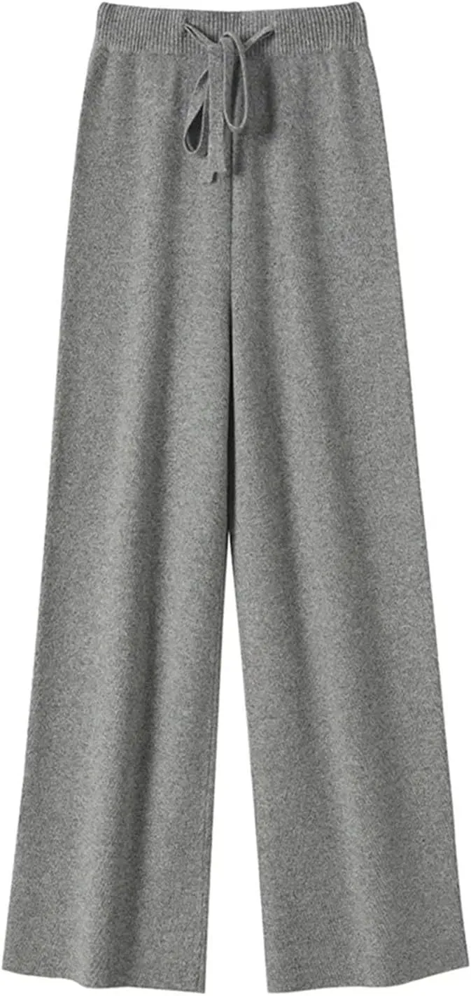 Women High Waist Solid Wide-Leg Long Pants Vintage Wool Soft Warm Lace Up Trousers