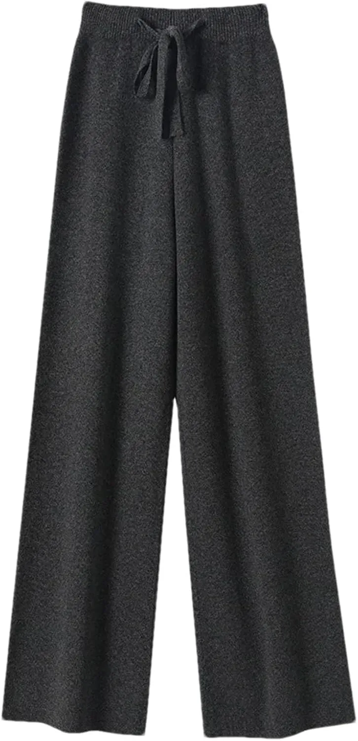Women High Waist Solid Wide-Leg Long Pants Vintage Wool Soft Warm Lace Up Trousers