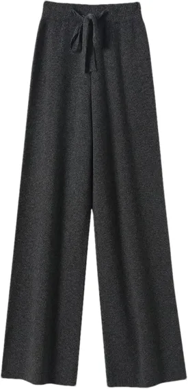 Women High Waist Solid Wide-Leg Long Pants Vintage Wool Soft Warm Lace Up Trousers