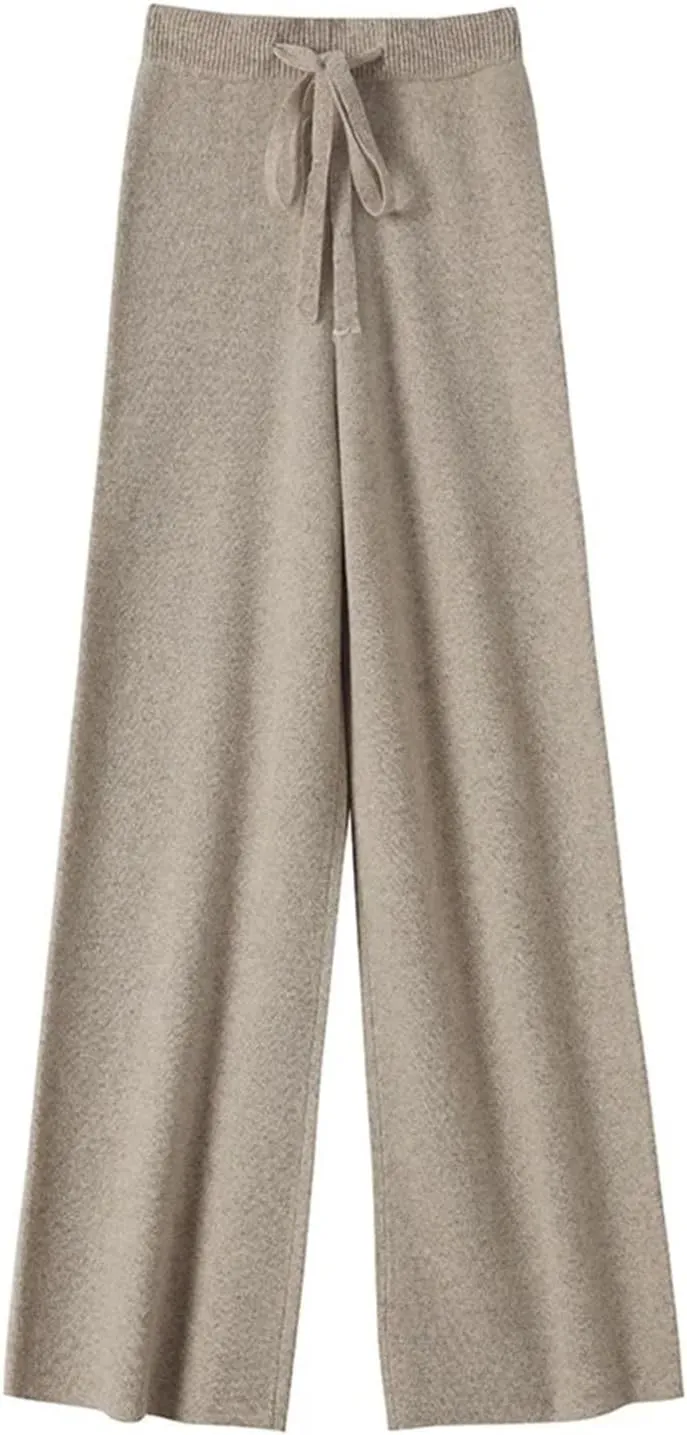 Women High Waist Solid Wide-Leg Long Pants Vintage Wool Soft Warm Lace Up Trousers