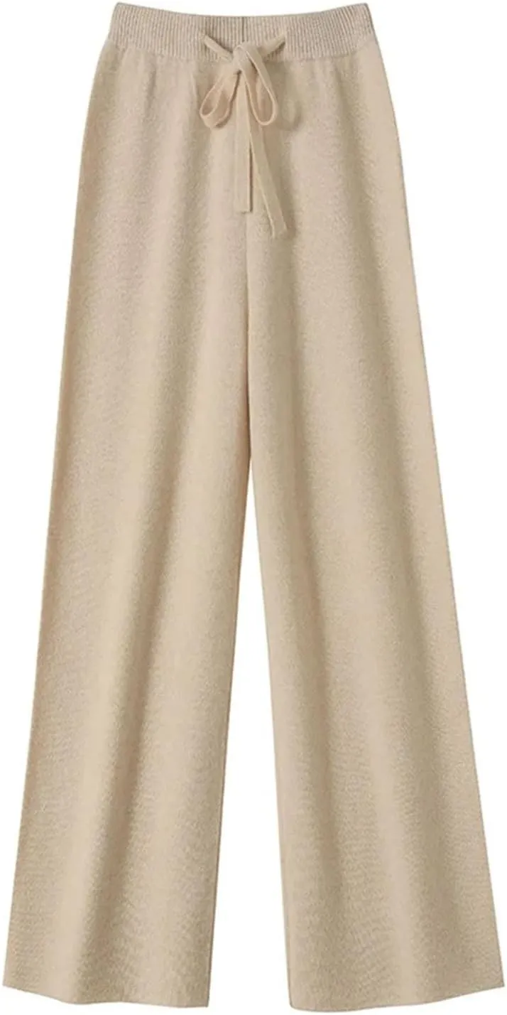 Women High Waist Solid Wide-Leg Long Pants Vintage Wool Soft Warm Lace Up Trousers