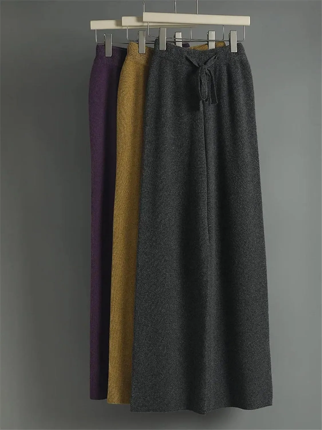 Women High Waist Solid Wide-Leg Long Pants Vintage Wool Soft Warm Lace Up Trousers