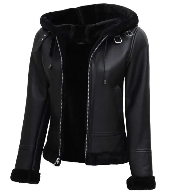 Womens Black Faux Shearling Bomber Leather Jacket with Hood