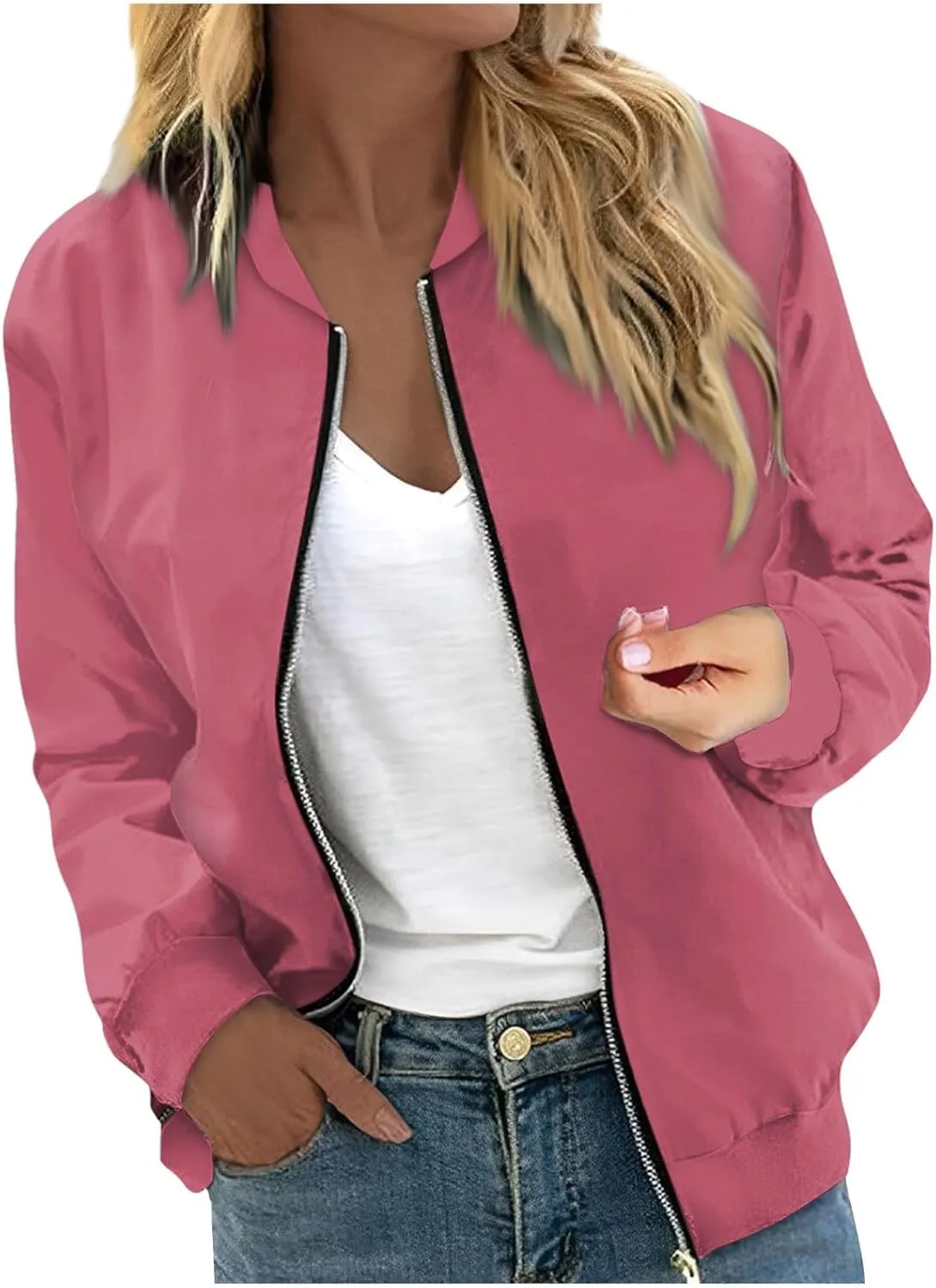Womens Bomber Jacket Long Sleeve Casual Zipper Tops Cardigan Shirt Slim Jacket S-XXL