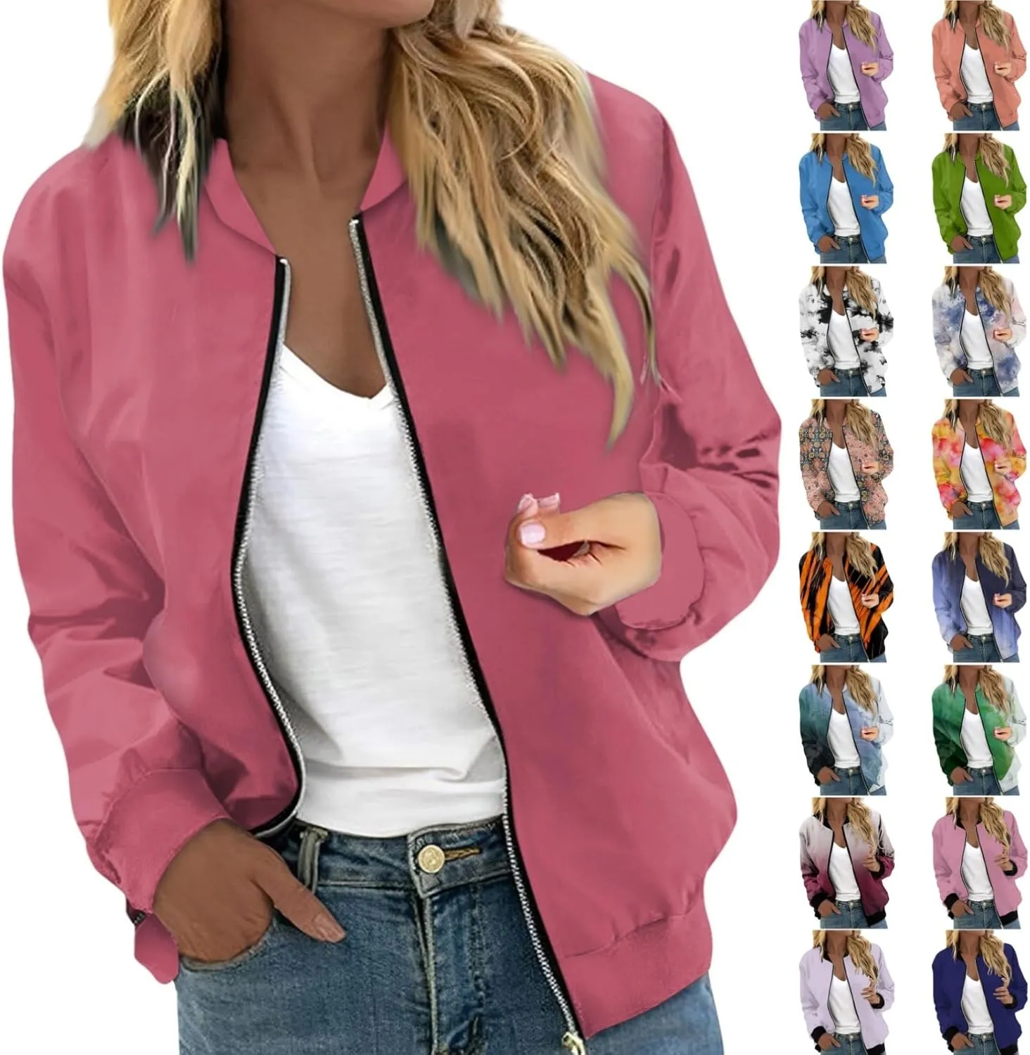 Womens Bomber Jacket Long Sleeve Casual Zipper Tops Cardigan Shirt Slim Jacket S-XXL