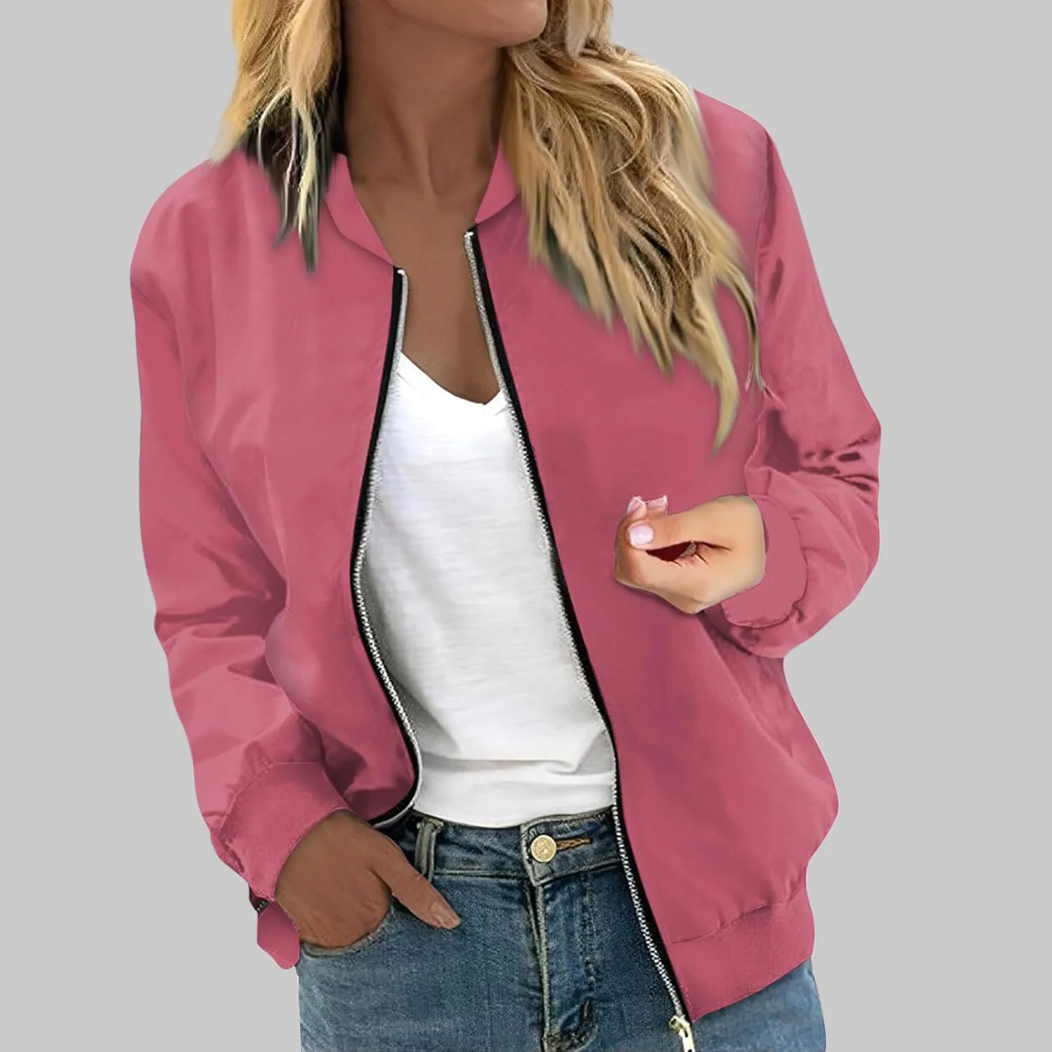 Womens Bomber Jacket Long Sleeve Casual Zipper Tops Cardigan Shirt Slim Jacket S-XXL