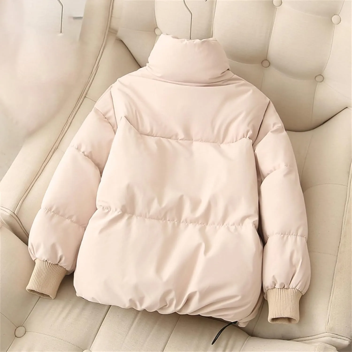Womens Cropped Puffer Jacket Warm Winter Padded Quilted Long Sleeve Zip Up Casual Short Bubble Coat with Pockets
