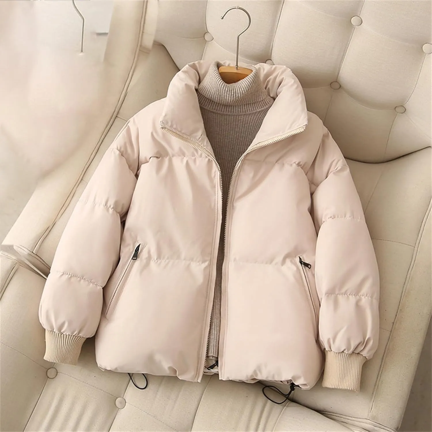 Womens Cropped Puffer Jacket Warm Winter Padded Quilted Long Sleeve Zip Up Casual Short Bubble Coat with Pockets