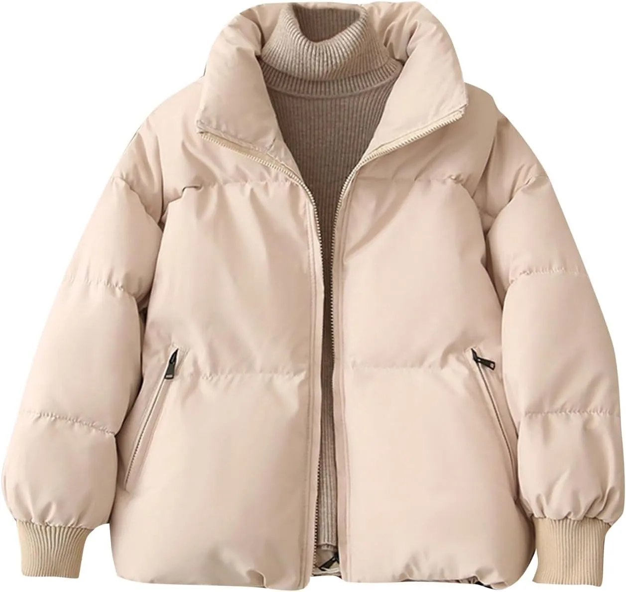 Womens Cropped Puffer Jacket Warm Winter Padded Quilted Long Sleeve Zip Up Casual Short Bubble Coat with Pockets