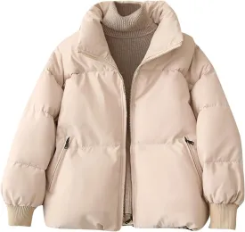Womens Cropped Puffer Jacket Warm Winter Padded Quilted Long Sleeve Zip Up Casual Short Bubble Coat with Pockets