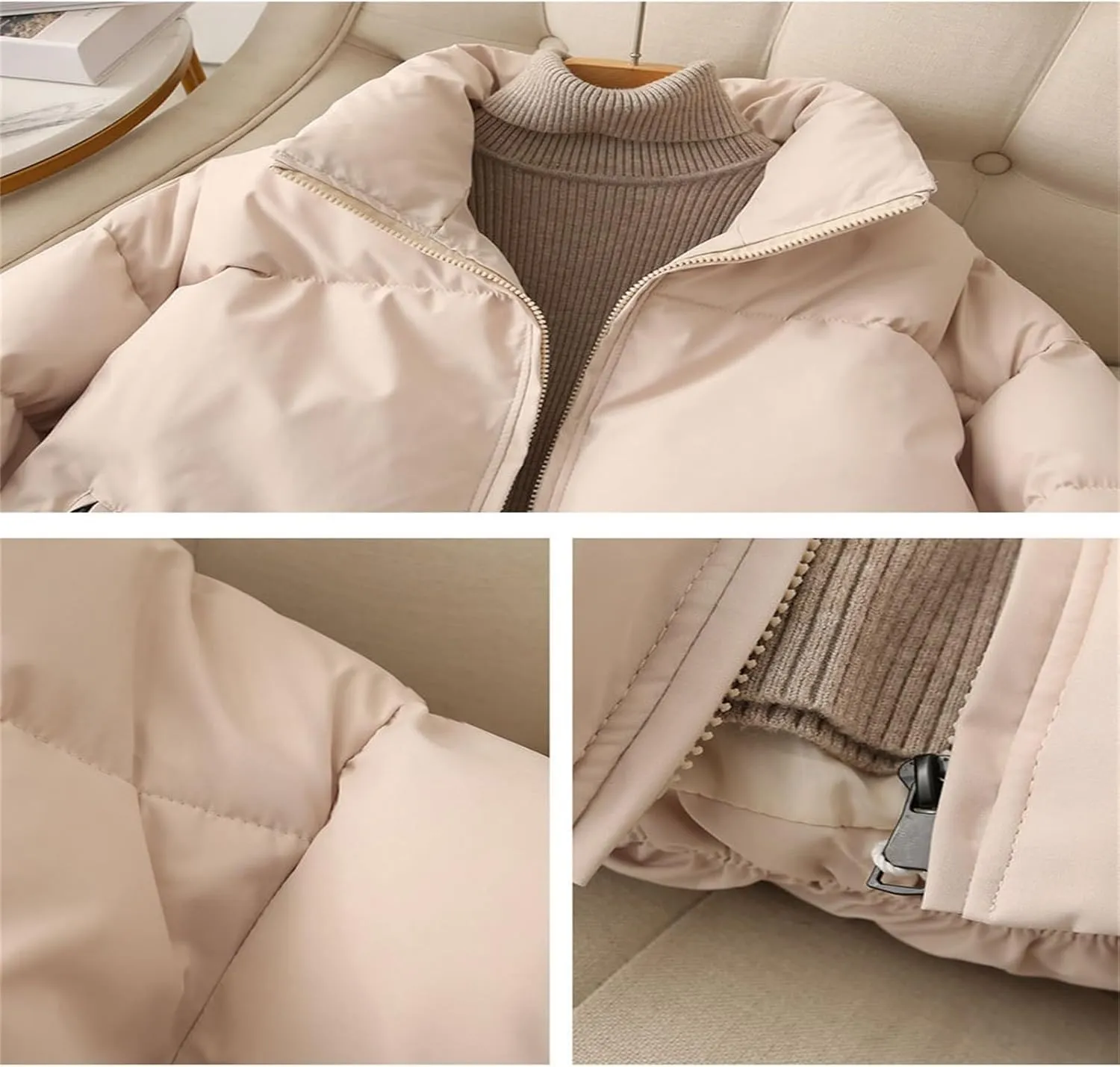 Womens Cropped Puffer Jacket Warm Winter Padded Quilted Long Sleeve Zip Up Casual Short Bubble Coat with Pockets