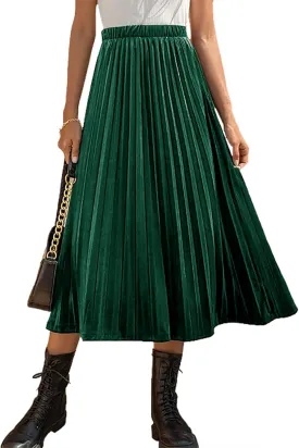 Womens High Elastic Waist Skirt Pleated A Line Swings Midi Velvet Skirts for Women