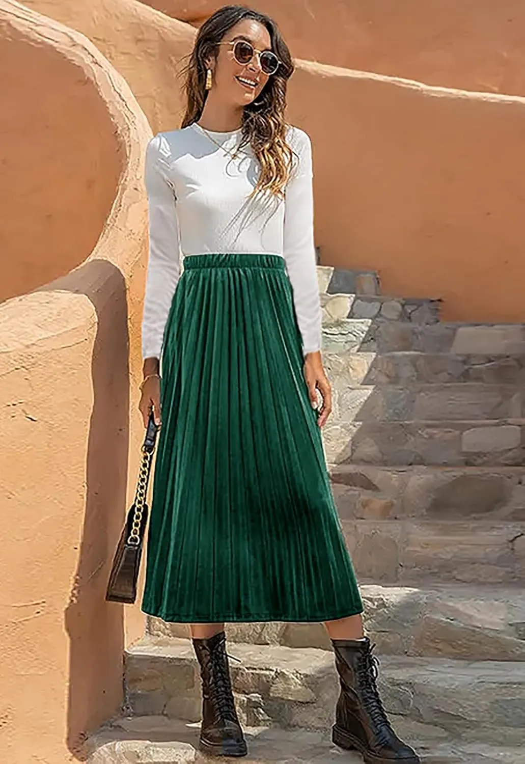 Womens High Elastic Waist Skirt Pleated A Line Swings Midi Velvet Skirts for Women