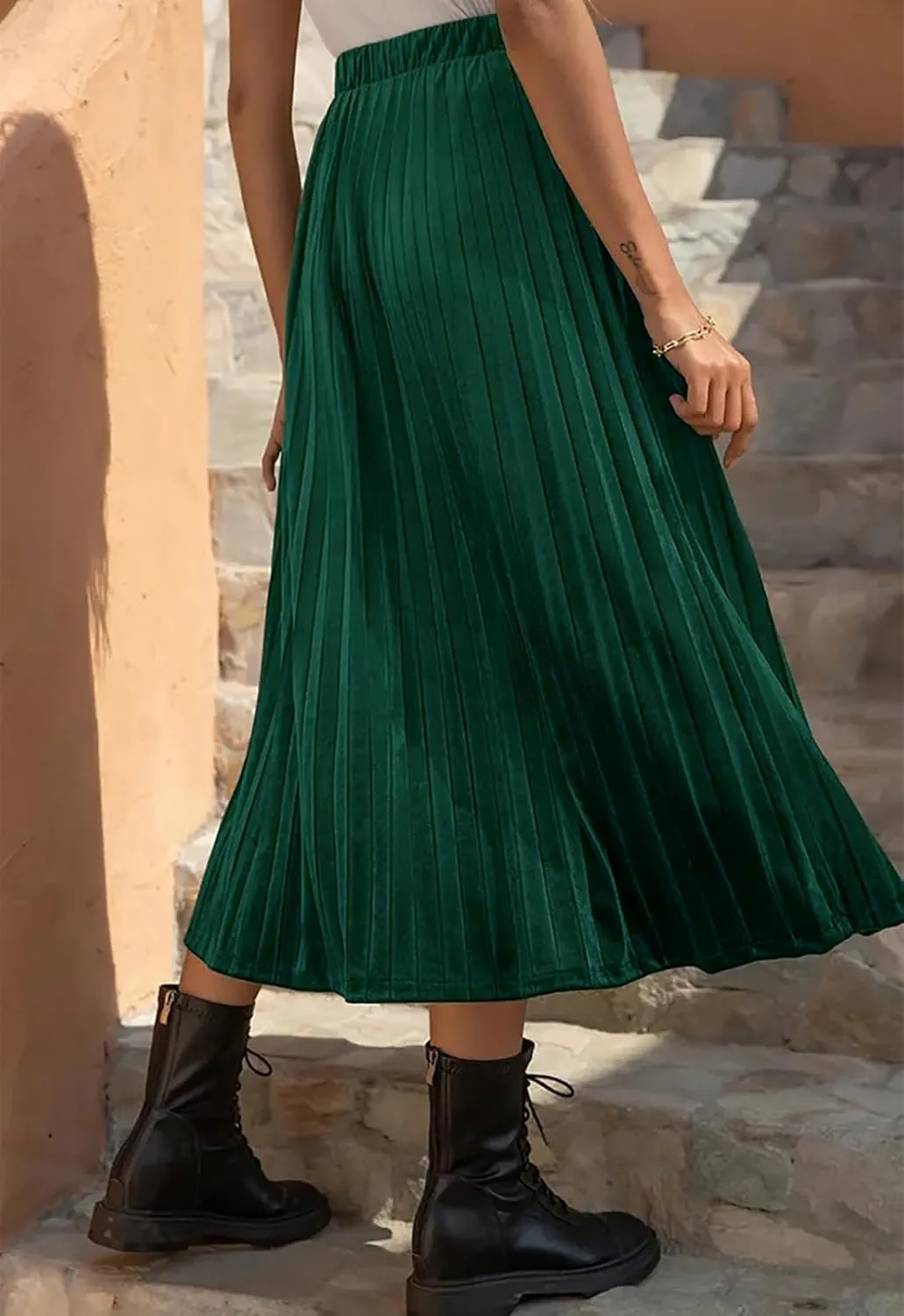 Womens High Elastic Waist Skirt Pleated A Line Swings Midi Velvet Skirts for Women