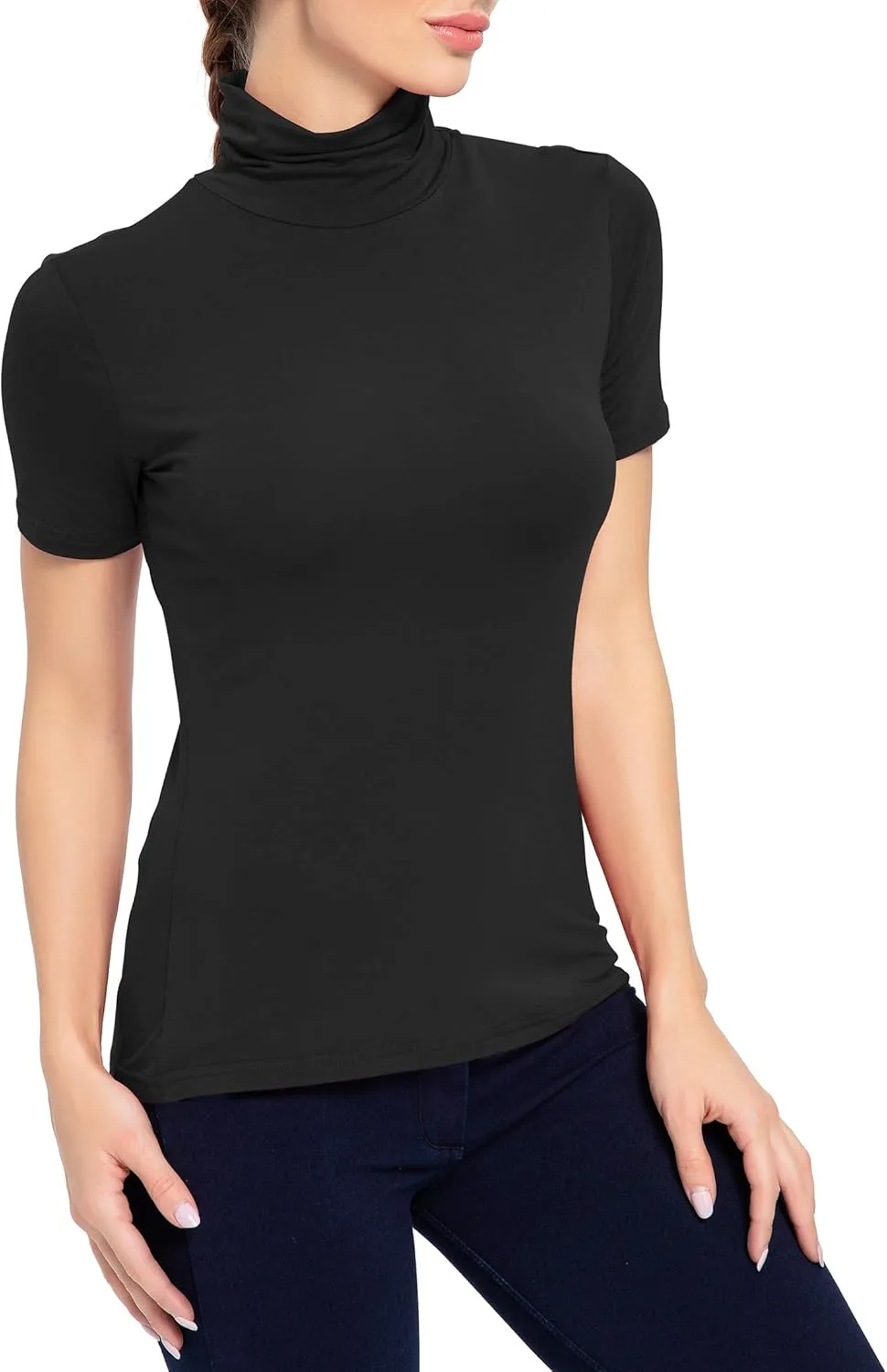 Women's Mock Turtleneck Top Short Sleeve Lightweight Active T-Shirt (S-XXL)