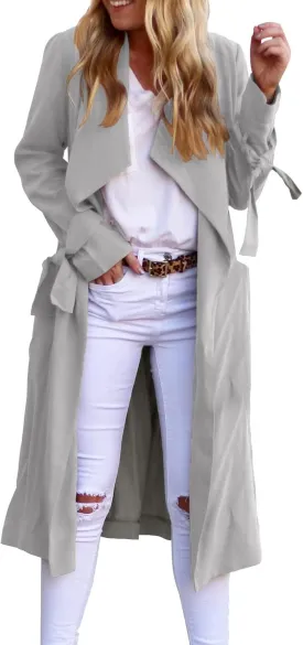 Women's Oversized Notched Collar Wool Blend Belted Open Front Midi Long Trench Coat with Pockets