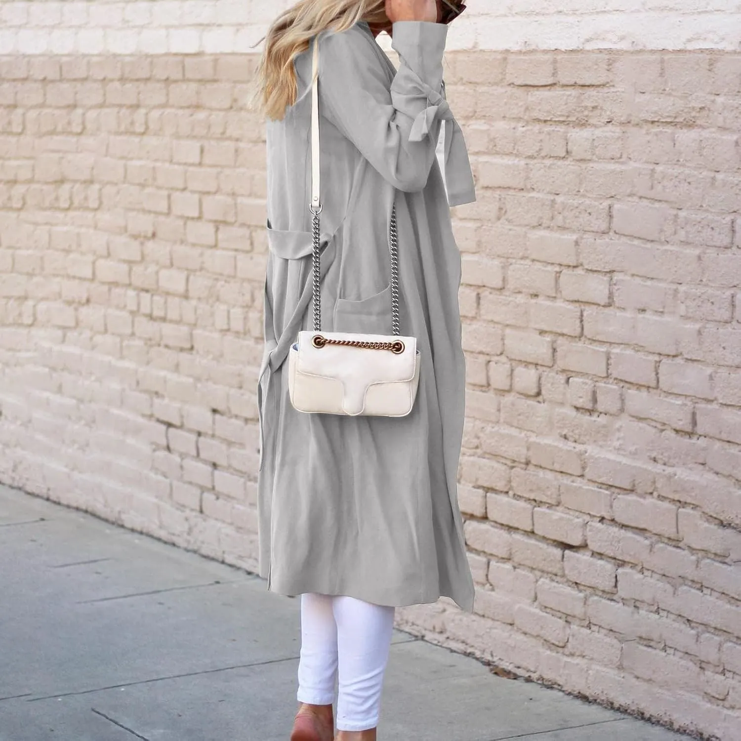 Women's Oversized Notched Collar Wool Blend Belted Open Front Midi Long Trench Coat with Pockets