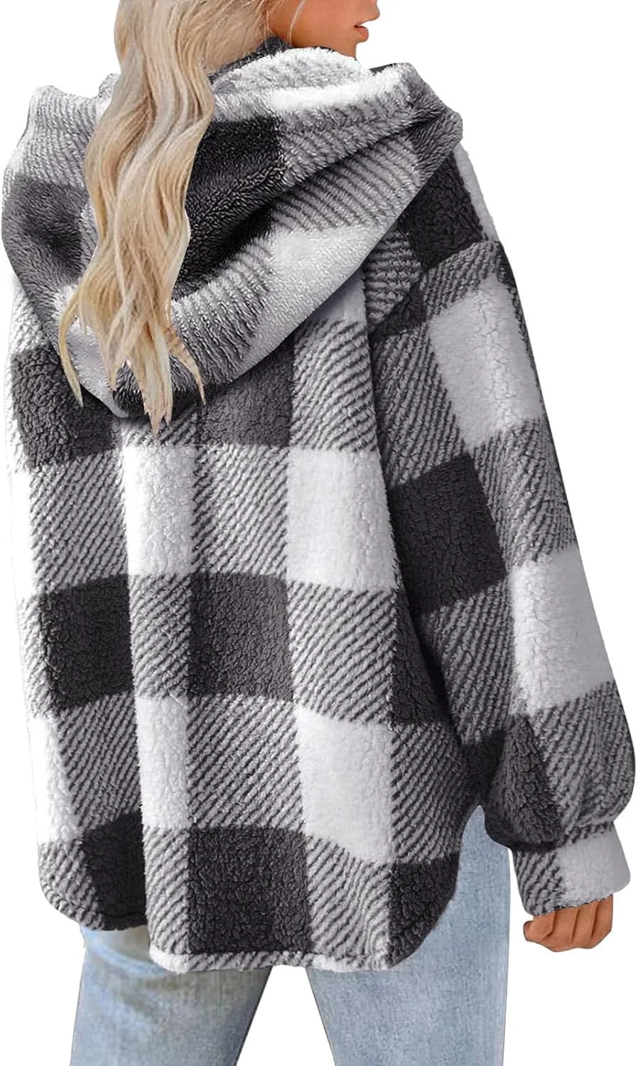 Womens Plaid Shacket Fleece Sherpa Lined Jackets Hooded Long Sleeve Fuzzy Button Down Cardigan Trendy Winter Coats