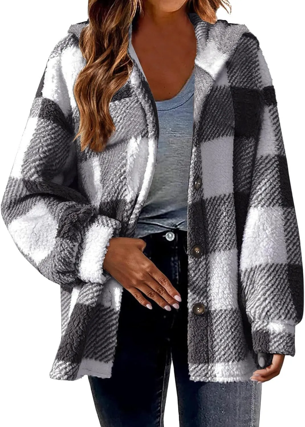 Womens Plaid Shacket Fleece Sherpa Lined Jackets Hooded Long Sleeve Fuzzy Button Down Cardigan Trendy Winter Coats