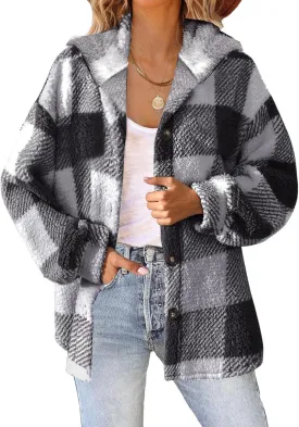 Womens Plaid Shacket Fleece Sherpa Lined Jackets Hooded Long Sleeve Fuzzy Button Down Cardigan Trendy Winter Coats