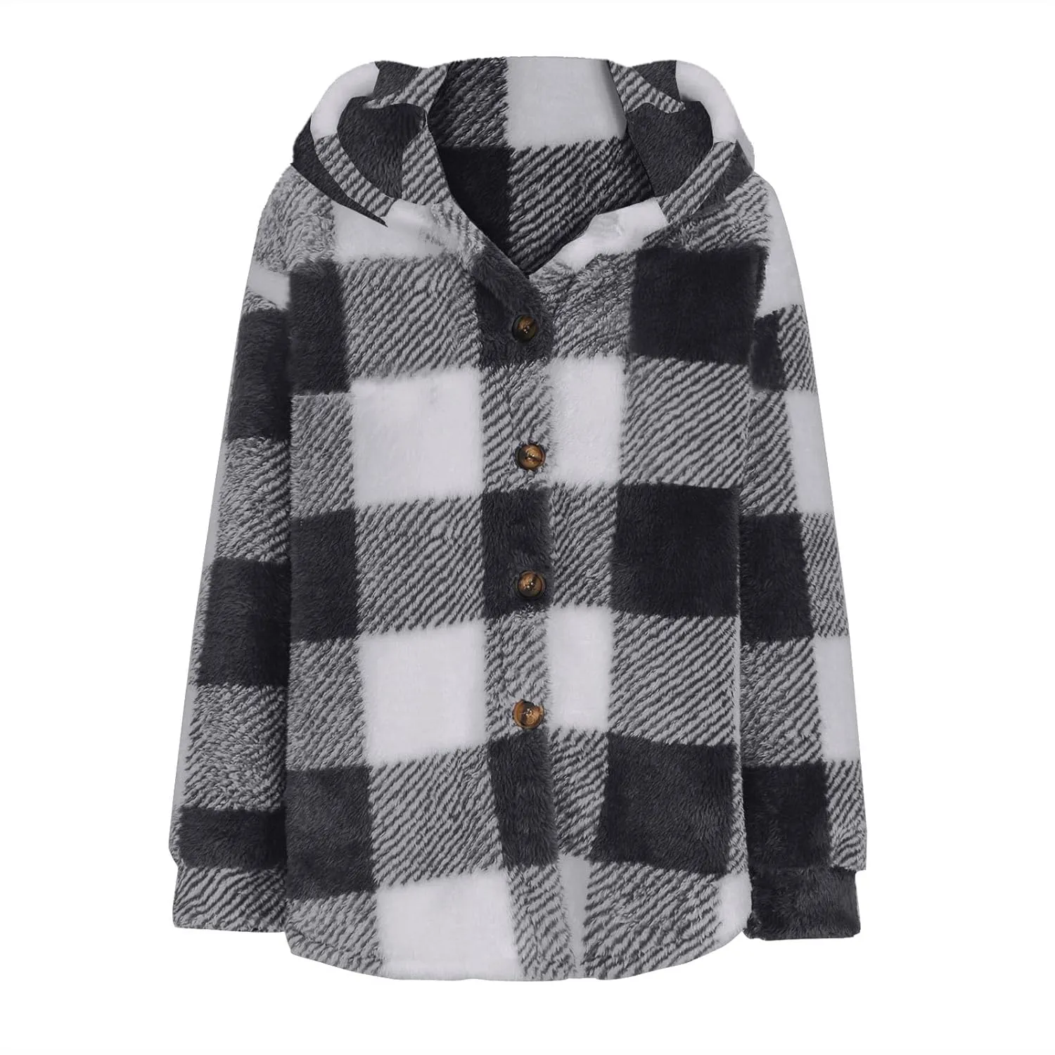 Womens Plaid Shacket Fleece Sherpa Lined Jackets Hooded Long Sleeve Fuzzy Button Down Cardigan Trendy Winter Coats