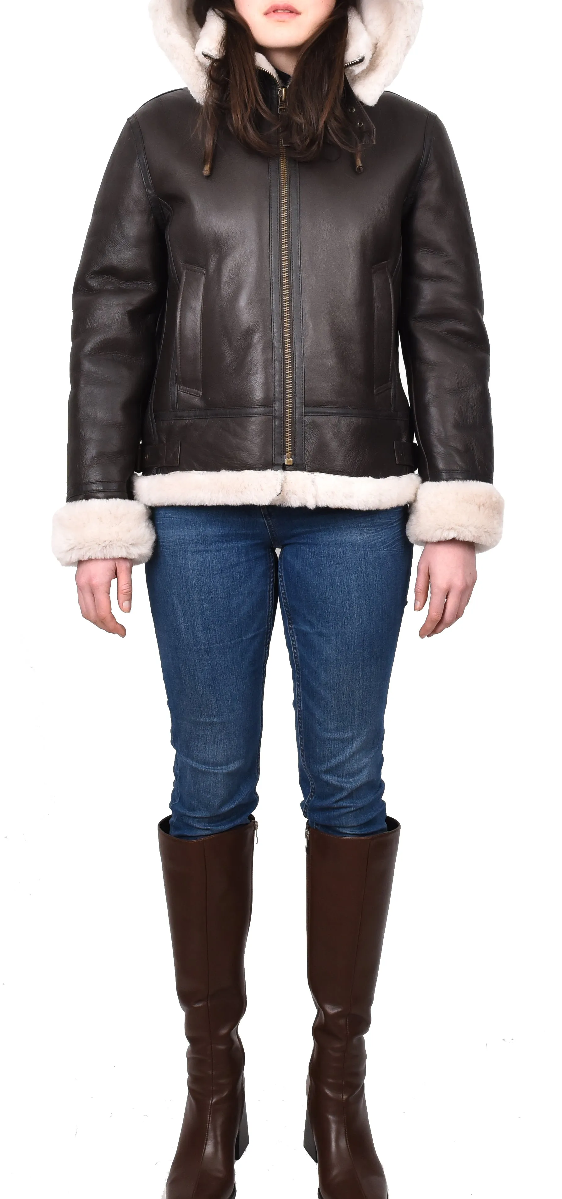 Women's Real Sheepskin Winter Warm Jacket Brown Odda