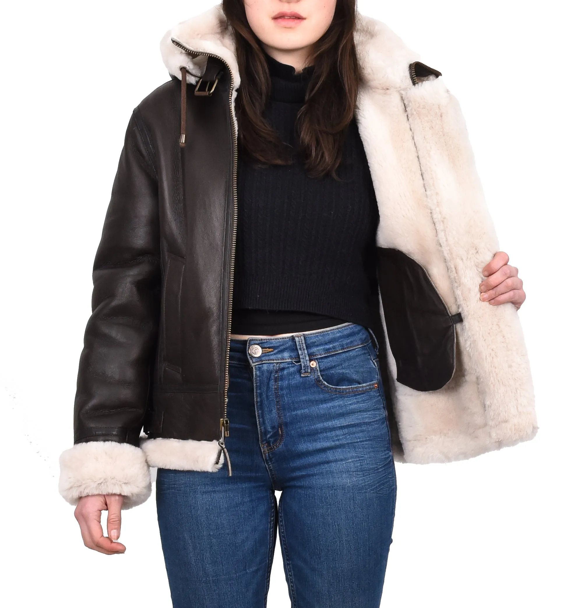Women's Real Sheepskin Winter Warm Jacket Brown Odda