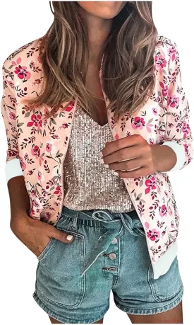 Womens Retro Floral Printing Zipper Jacket Vintage Baseball Jackets Casual Coat Outwear for Women