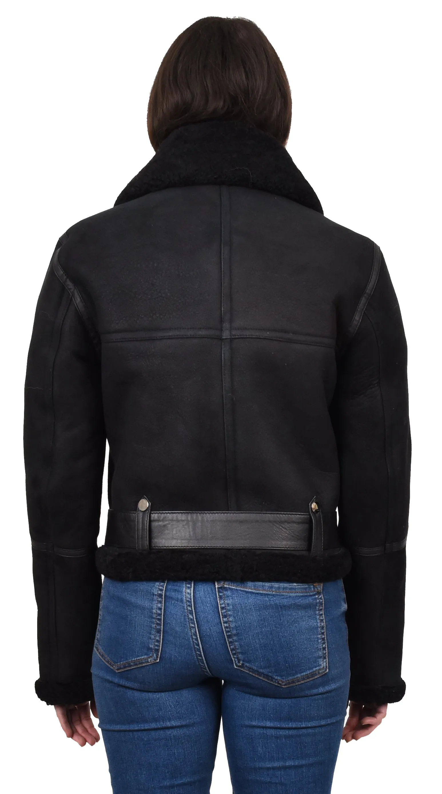 Women's Retro Genuine Sheepskin Aviator Jacket Black Quinnie