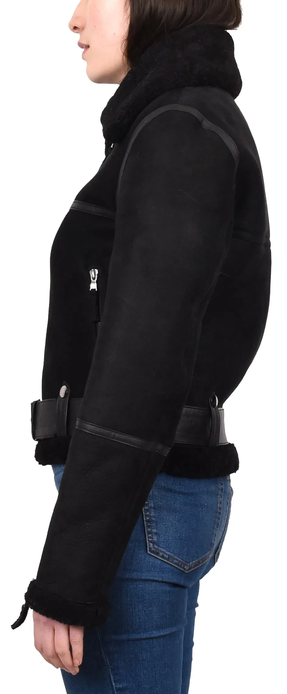 Women's Retro Genuine Sheepskin Aviator Jacket Black Quinnie