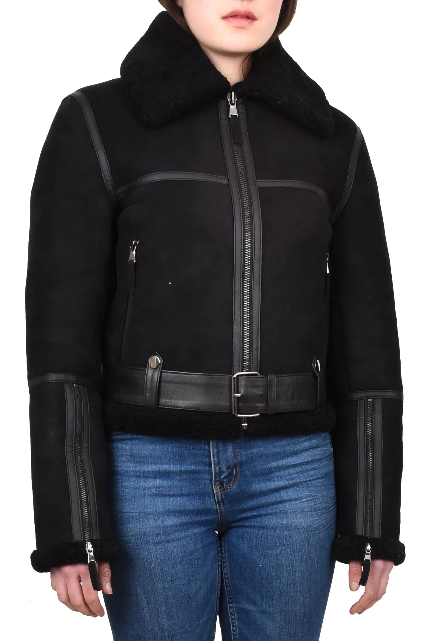 Women's Retro Genuine Sheepskin Aviator Jacket Black Quinnie