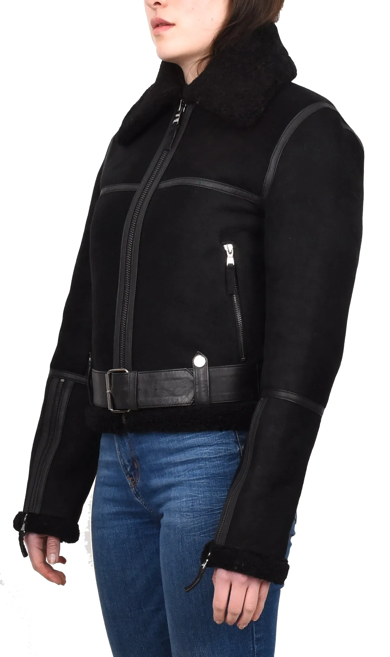 Women's Retro Genuine Sheepskin Aviator Jacket Black Quinnie