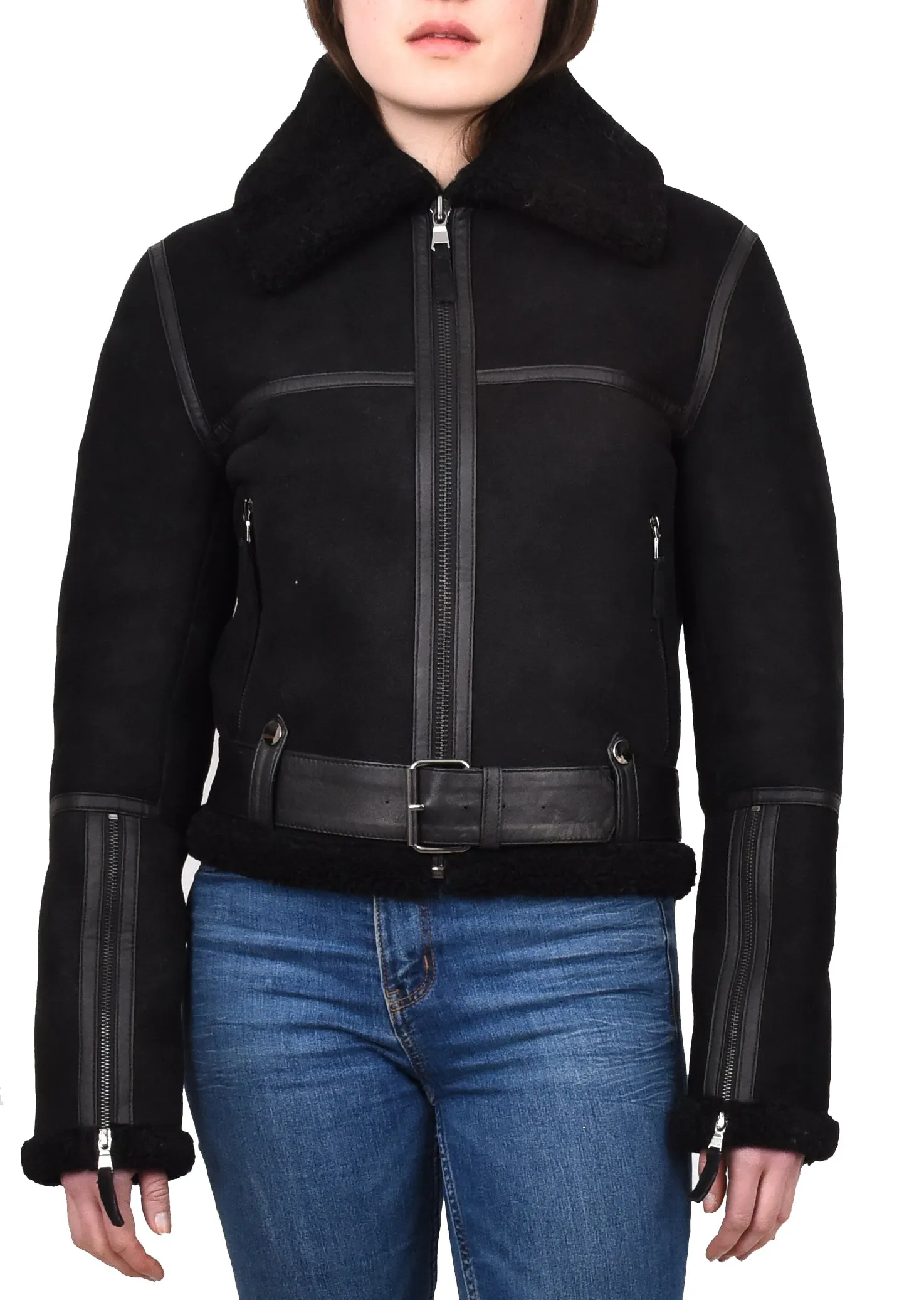 Women's Retro Genuine Sheepskin Aviator Jacket Black Quinnie