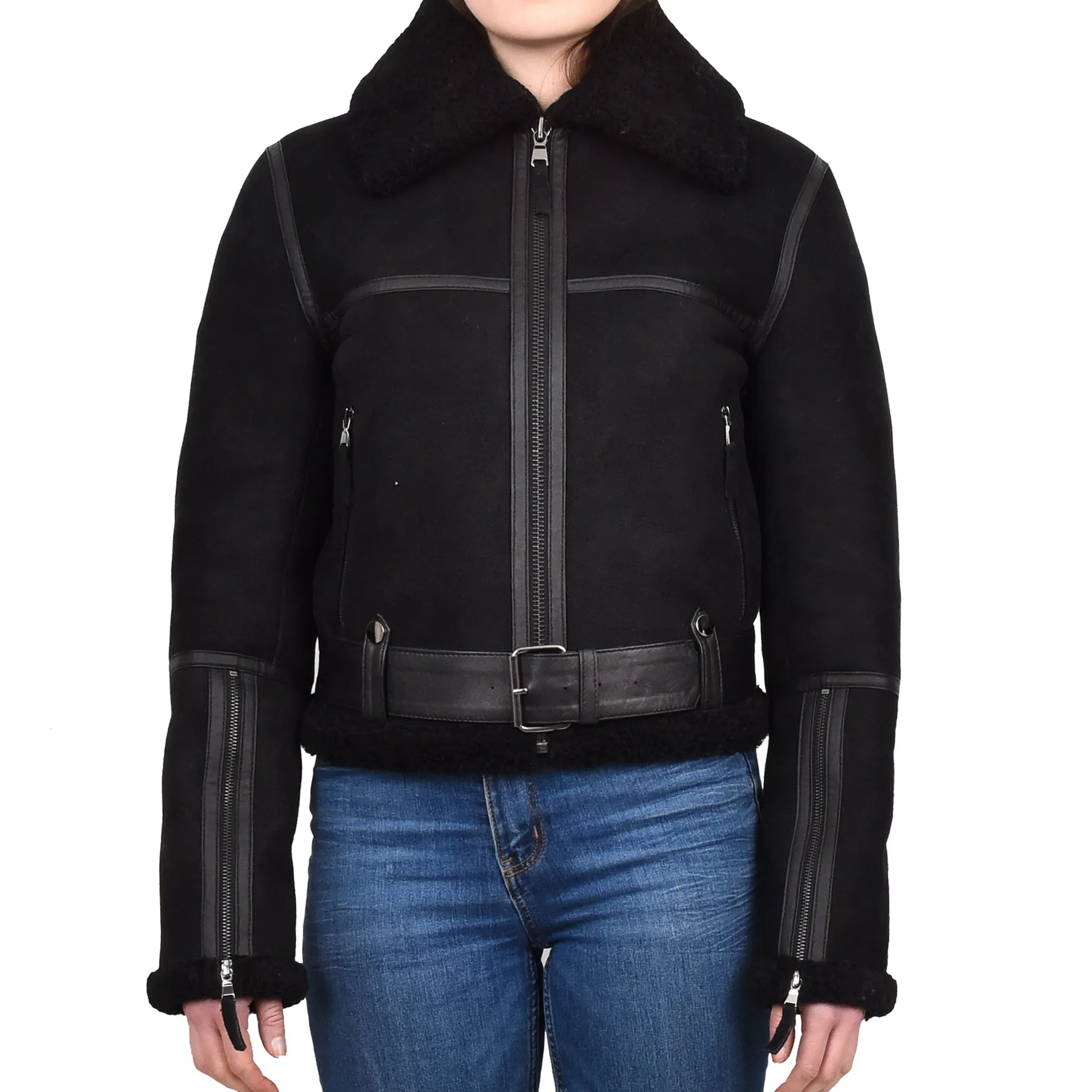 Women's Retro Genuine Sheepskin Aviator Jacket Black Quinnie