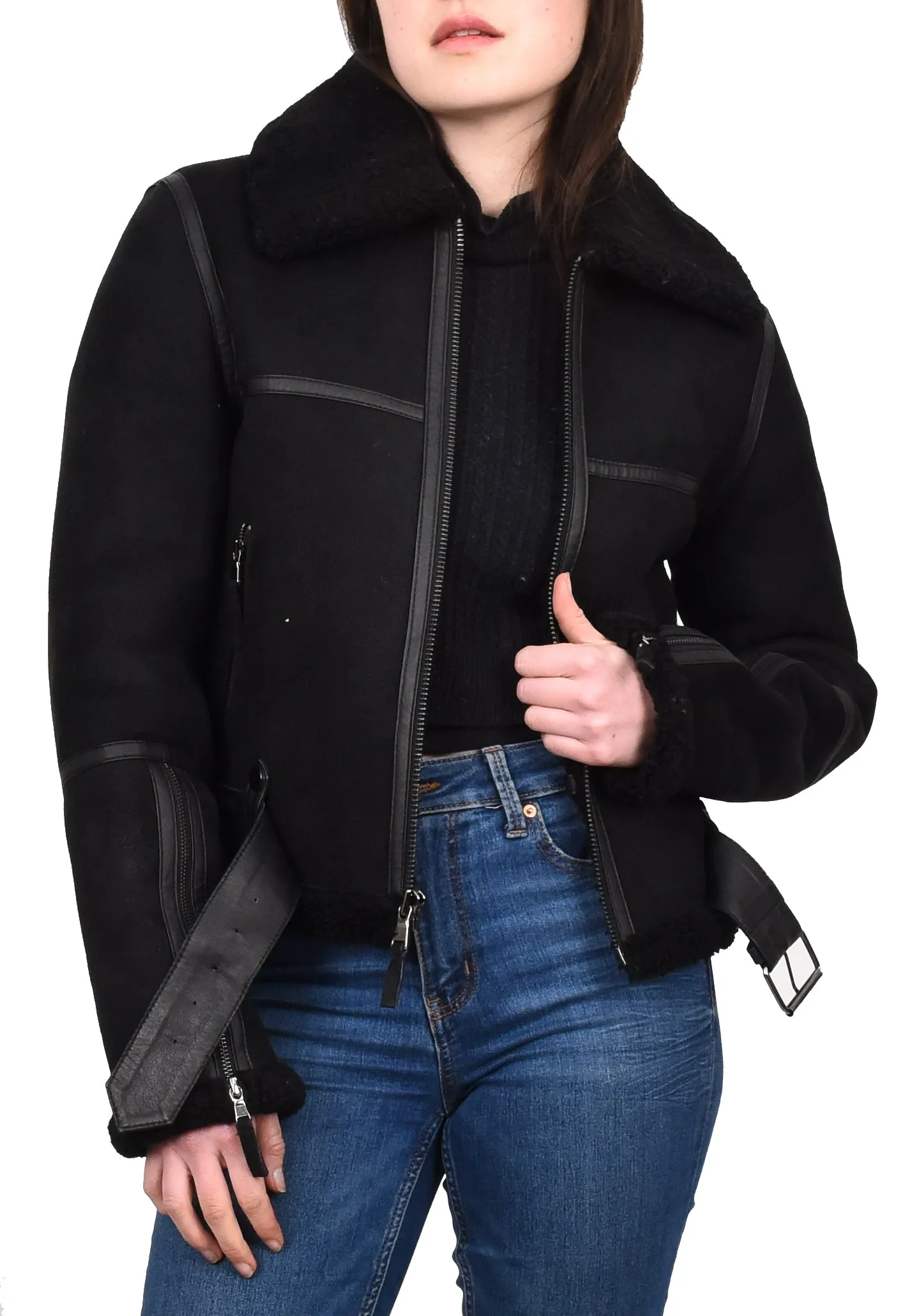 Women's Retro Genuine Sheepskin Aviator Jacket Black Quinnie