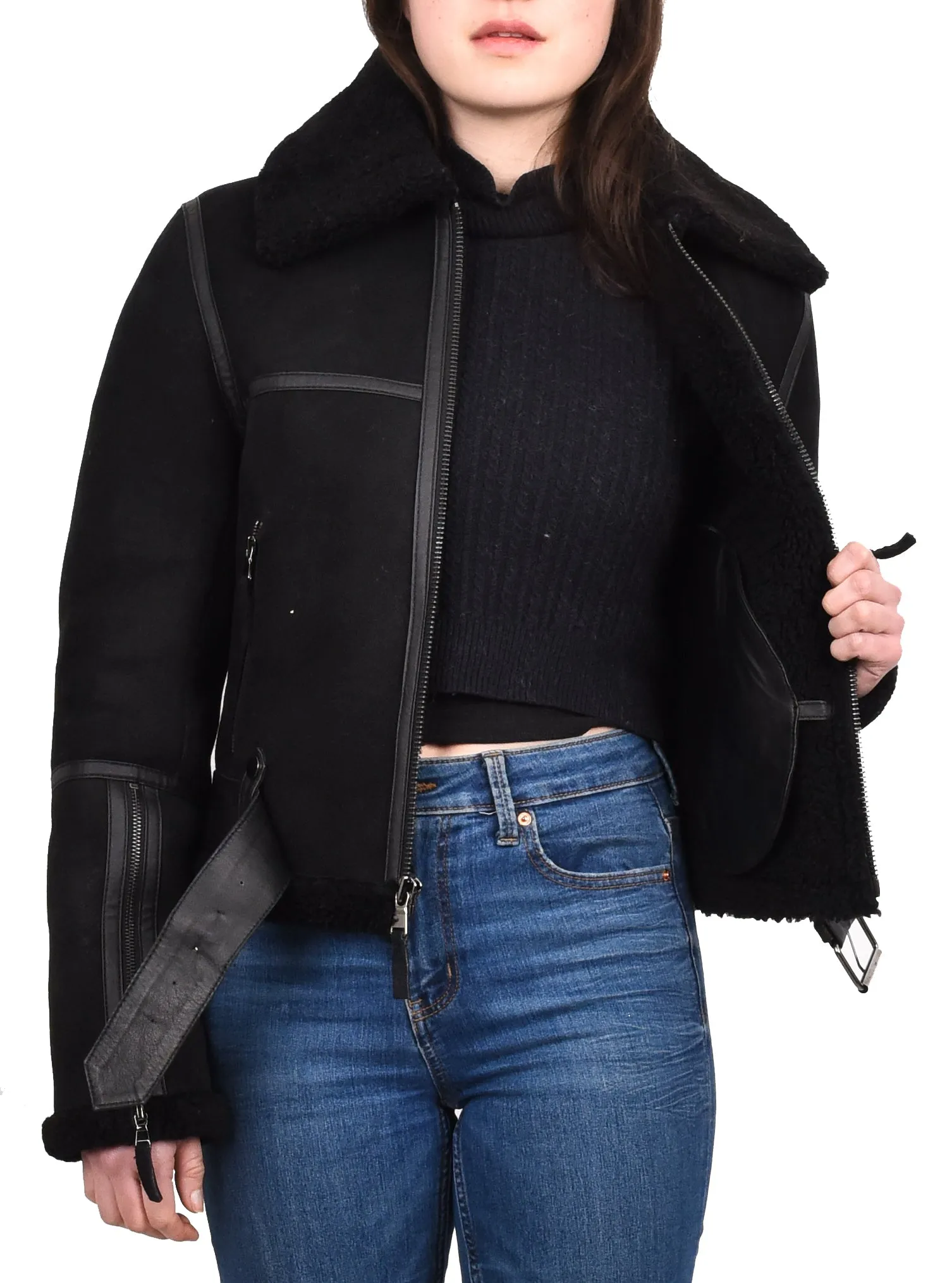 Women's Retro Genuine Sheepskin Aviator Jacket Black Quinnie