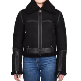 Women's Retro Genuine Sheepskin Aviator Jacket Black Quinnie