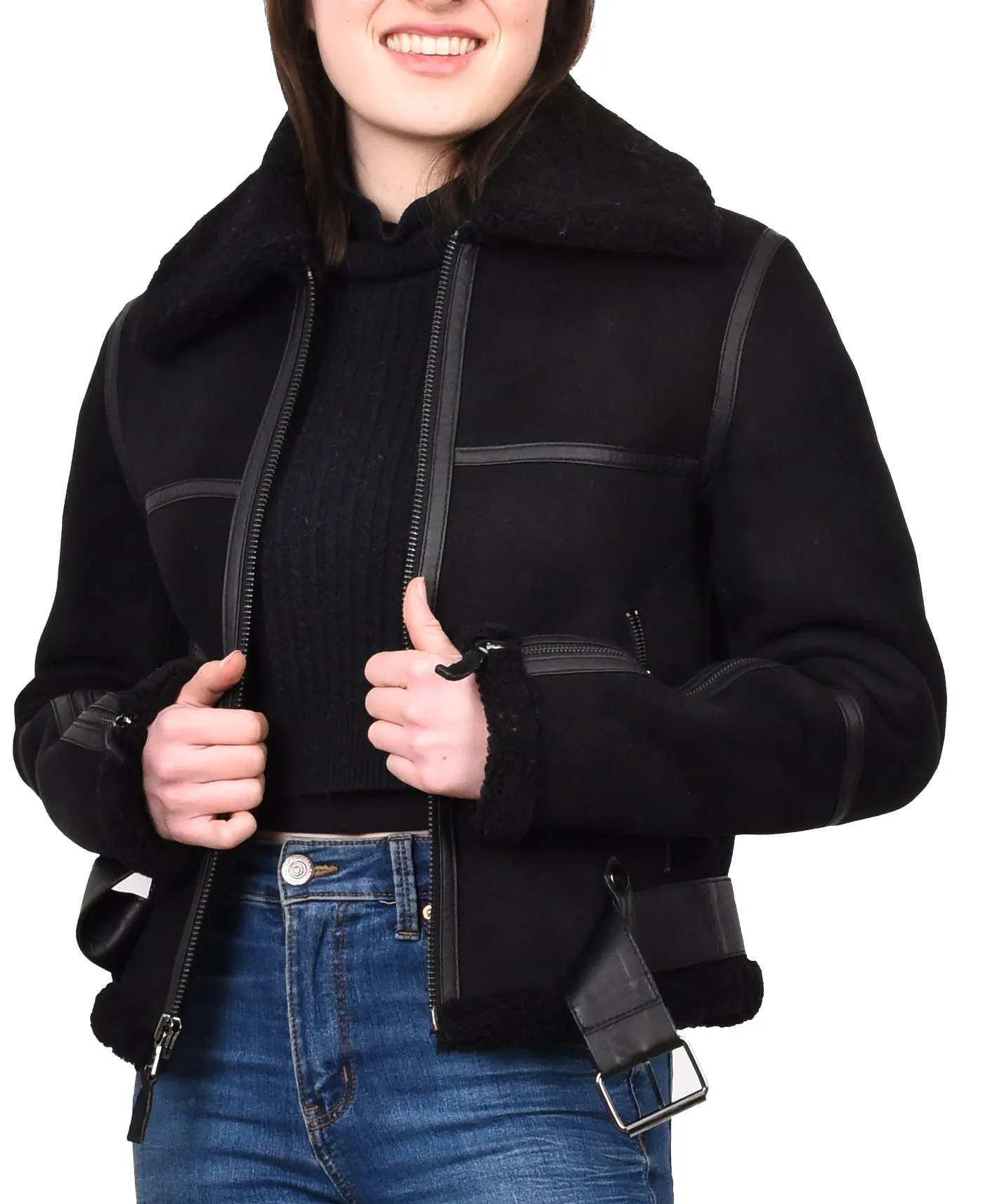 Women's Retro Genuine Sheepskin Aviator Jacket Black Quinnie