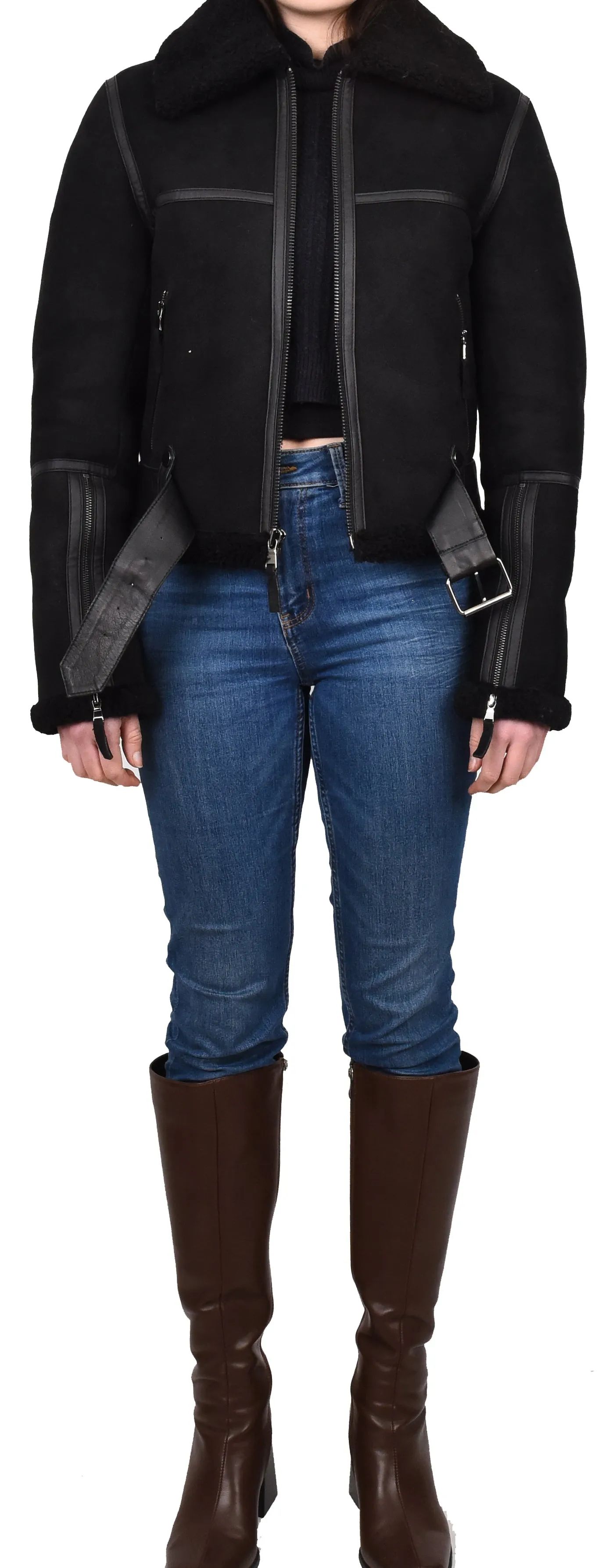Women's Retro Genuine Sheepskin Aviator Jacket Black Quinnie